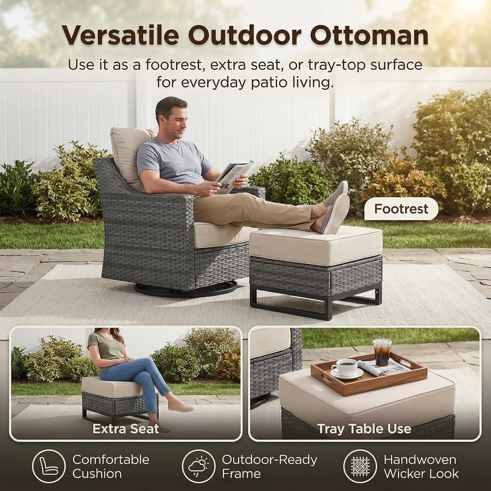 5 Piece Patio Furniture Set, Grey Wicker Outdoor Conversation Set with 2 Swiv...