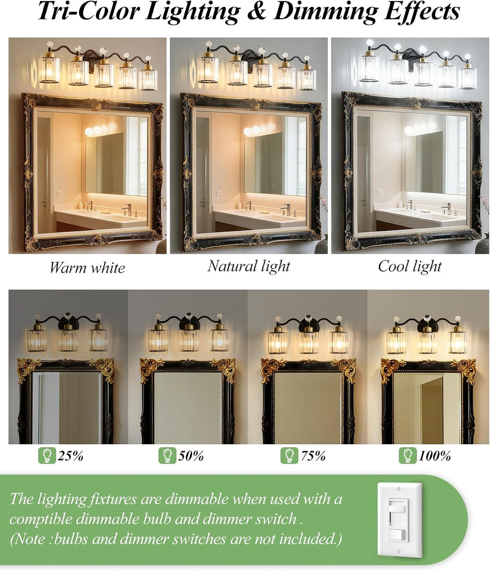 Black&Gold Bathroom Vanity Light Fixtures Over Mirror,5-Light Crystal Bat...