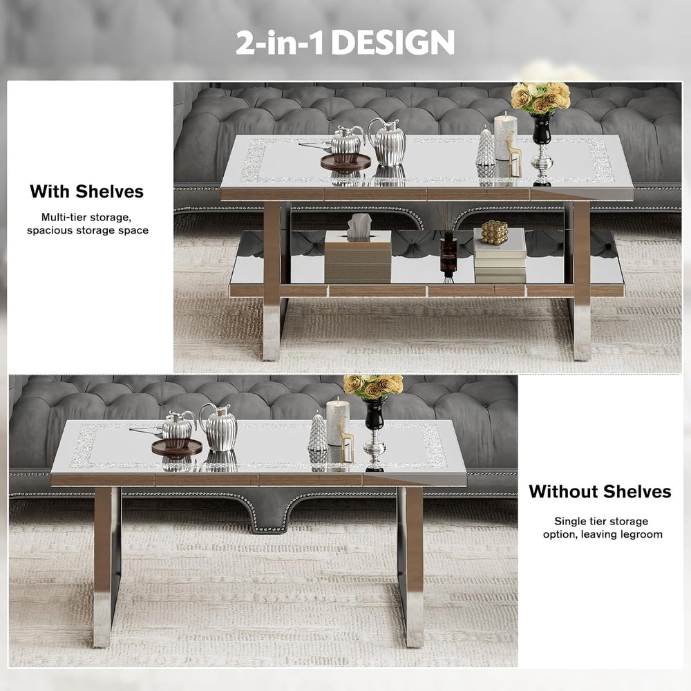 IKIFLY Mirrored Coffee Table with 2 Tiers, 2 in 1 Rectangle Coffee Table with...