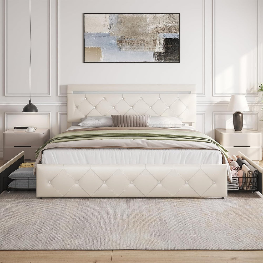Benevika Full Size Bed Frame with 4 Drawers and LED Light, Charge Station, PU...