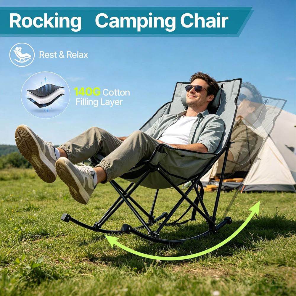 ZENPETIO Oversized Rocking Camping Chair, Folding Rocker Chairs, Gray Black
