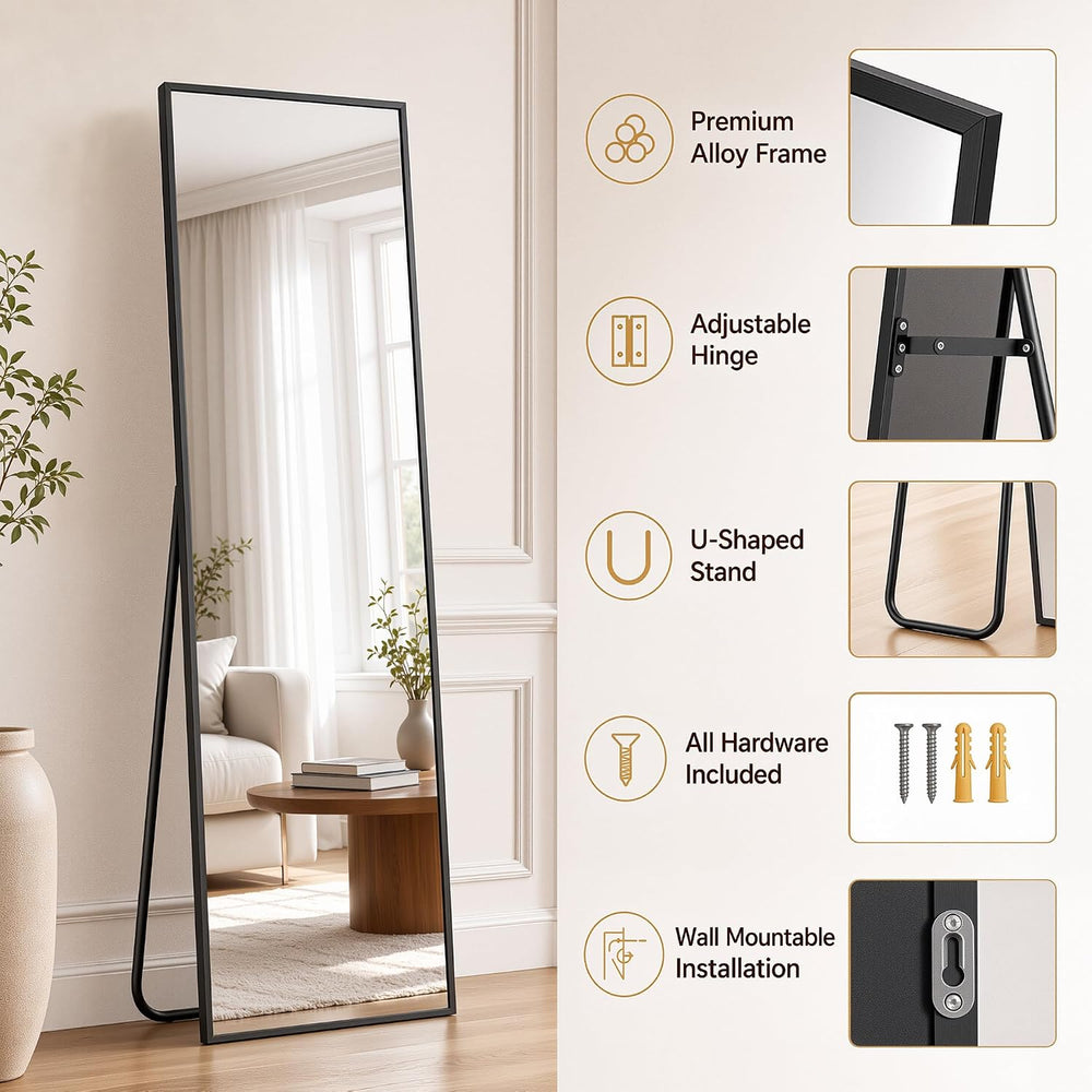 Antok Full Length Mirror, 56"x15" Floor Mirror with Stand, Black, Rect
