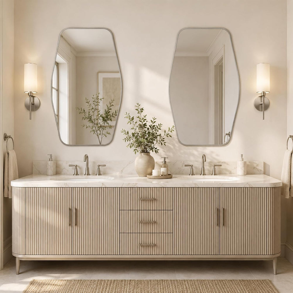 24x36 Inch Brushed Nickel Bathroom Vanity Mirror, Rounded Hexagon