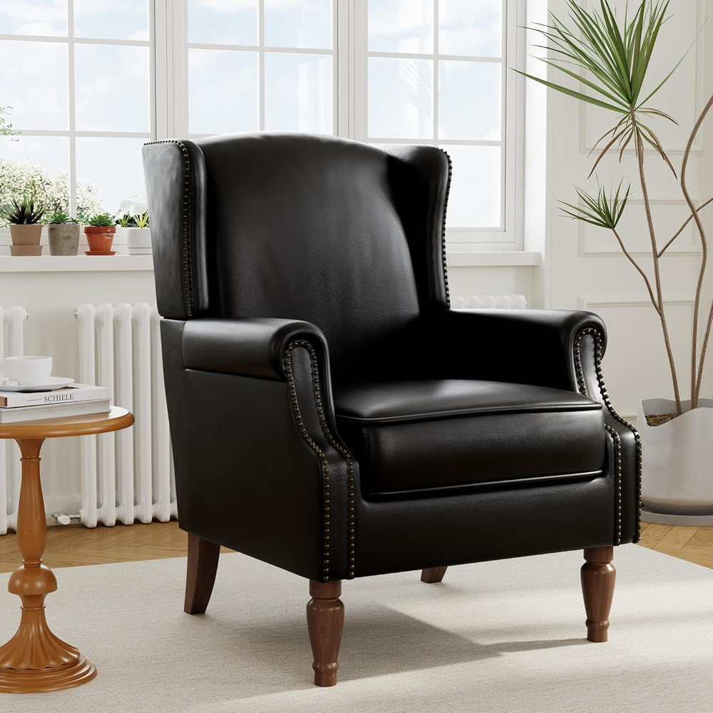 Faux Leather Wingback Accent Chair with Wood Legs, Black, Set of 1