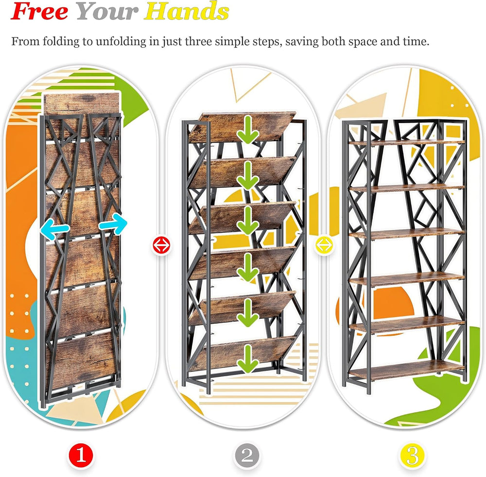 UDD No Assembly Folding Bookshelf, 61.9" H x 23.6" W, 6 Tier Foldab...