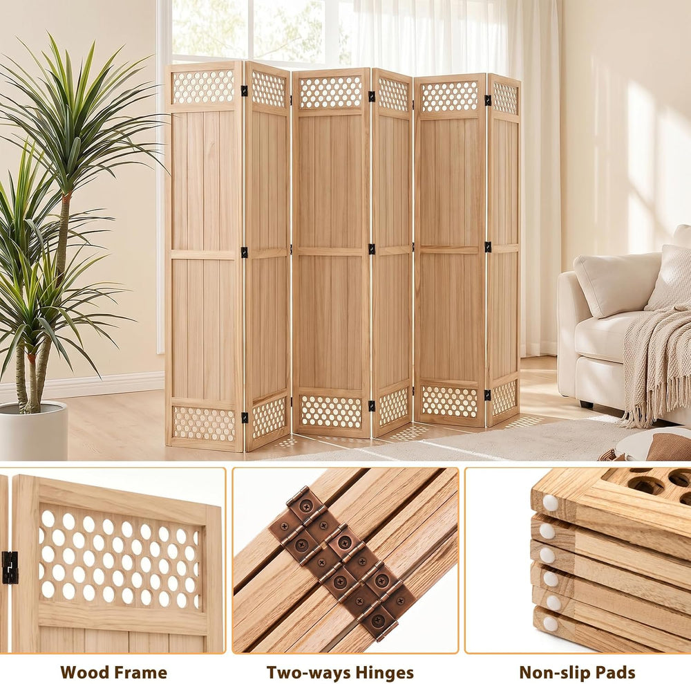 Wood Room Divider Privacy Screen, Natrual Carved Room Divider 6 Panel 67"