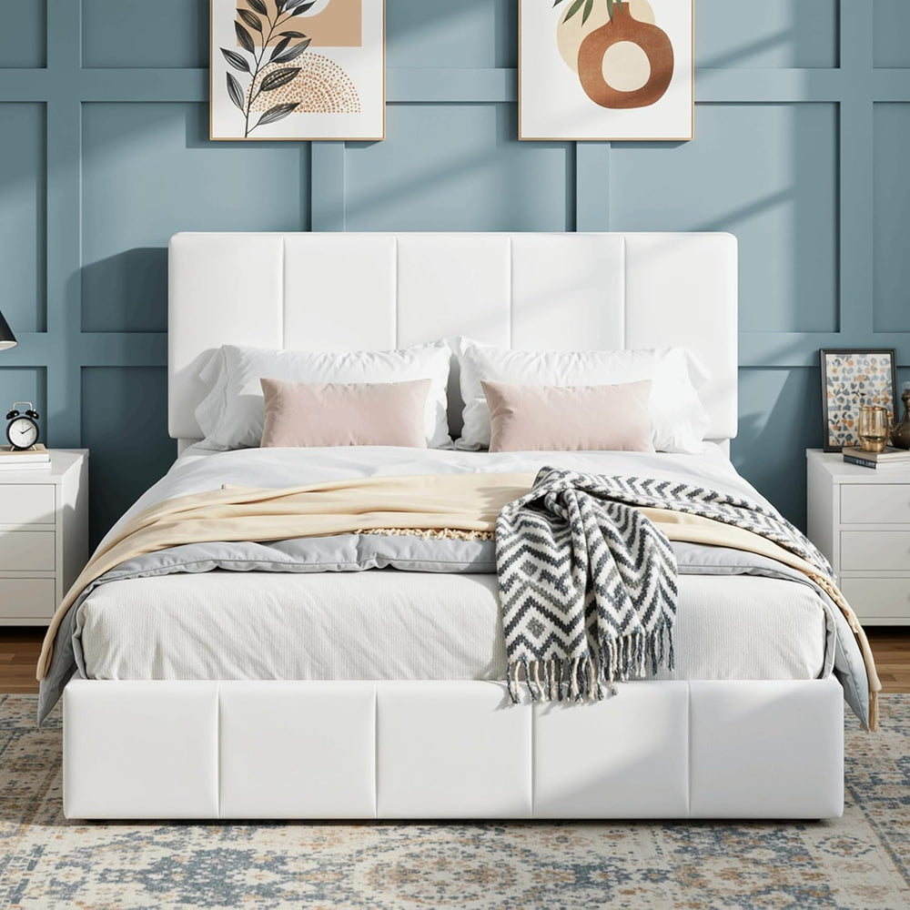 SHA CERLIN Full Size Bed Frame, Velvet Upholstered Platform Bed, White