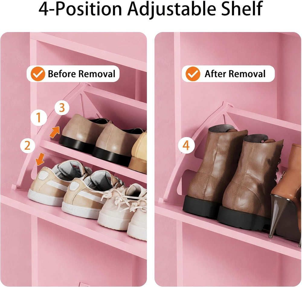 Pink Hidden Shoe Cabinet with 3 Flip Drawers & Coat Rack, Entryway