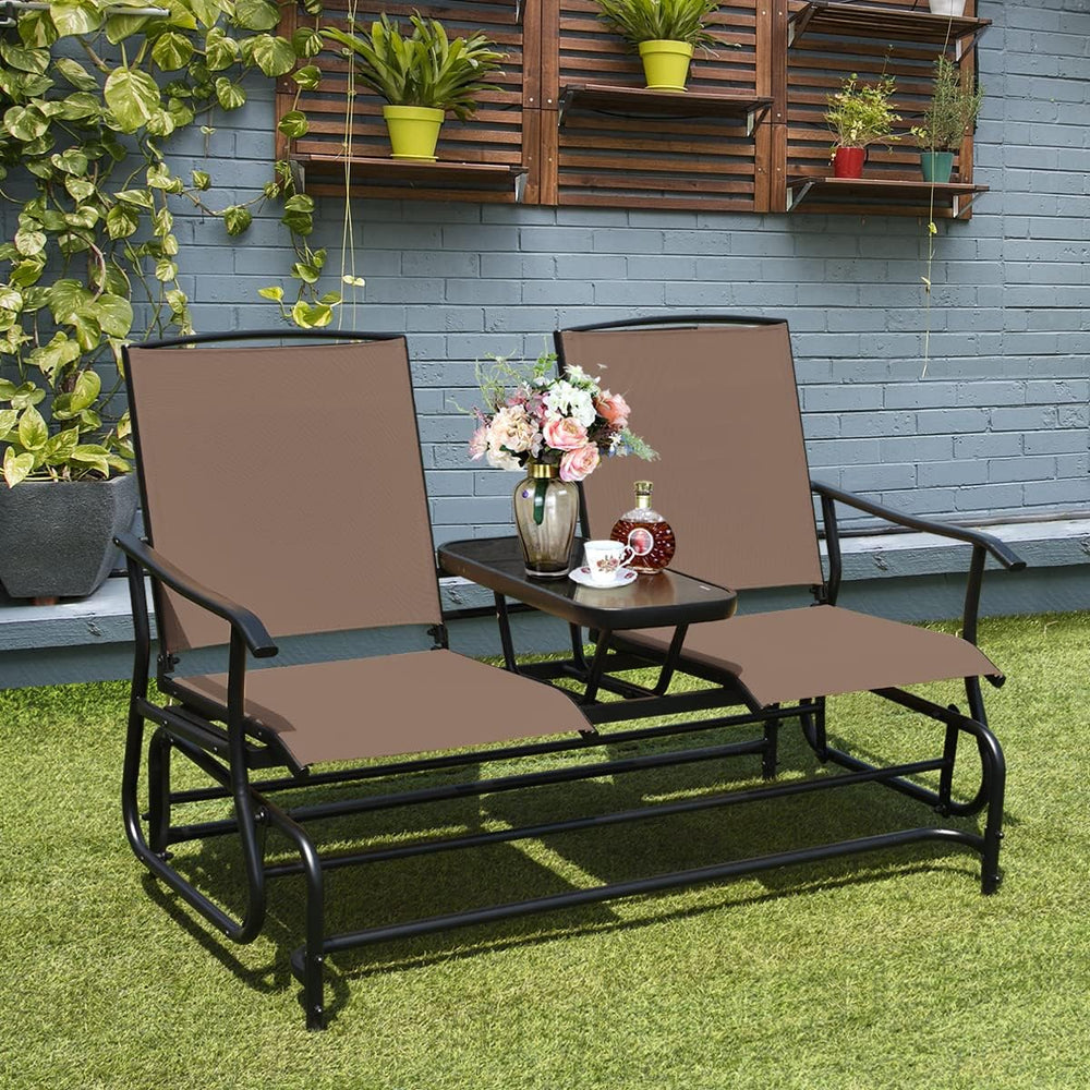 GIANTEX Patio Bench Glider Chair with Metal Frame, Center Tempered Glass Tabl...