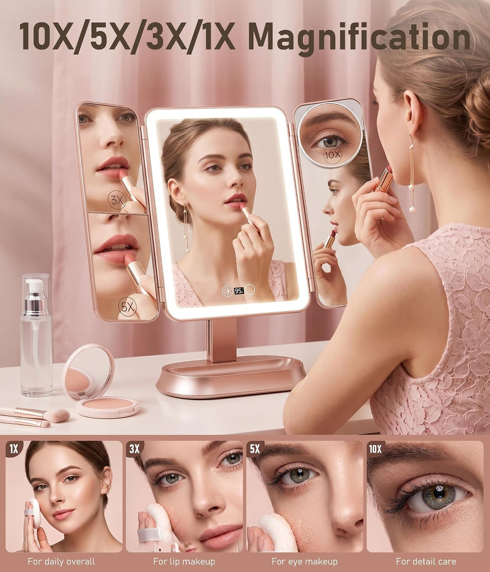 Makeup Mirror With Lights, Magnifying Vanity Mirror, Trifold Travel Mirror