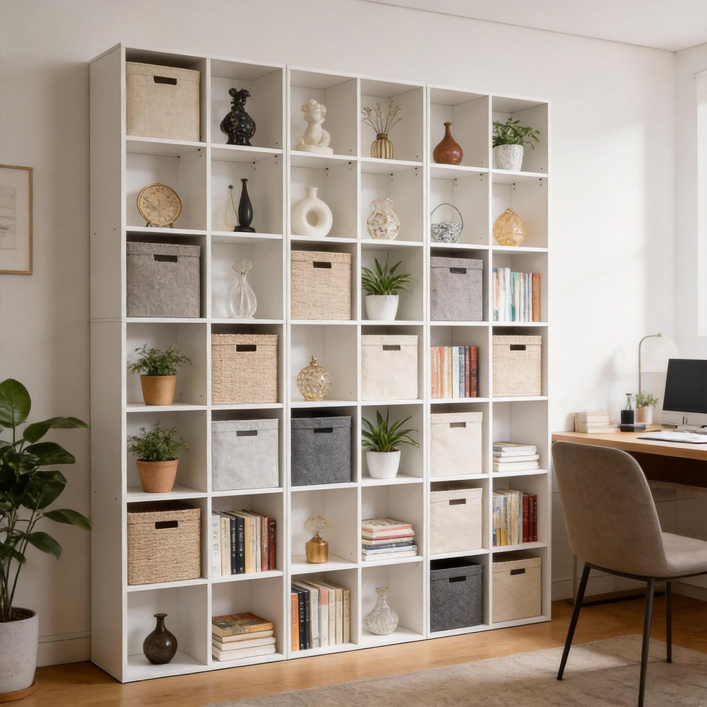 71" Tall Shallow Bookcase DVD Storage Shelf, 14 Cubes 7 Tier Narrow Wide...