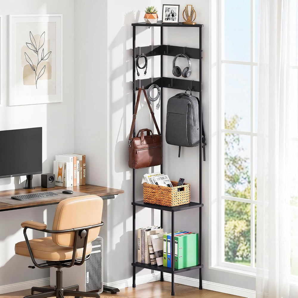 Corner Coat Rack Freestanding with Shelves and 8 Hooks, Black
