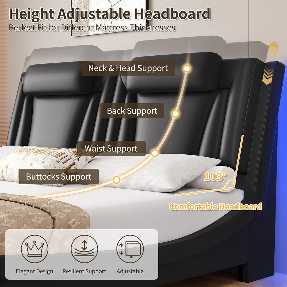 Keyluv Queen LED Upholstered Bed Frame with Adjustable Headboard, Black