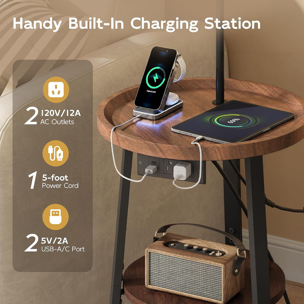 WLIVE Floor Lamp with Table, Round Small Side Table with Charging Station