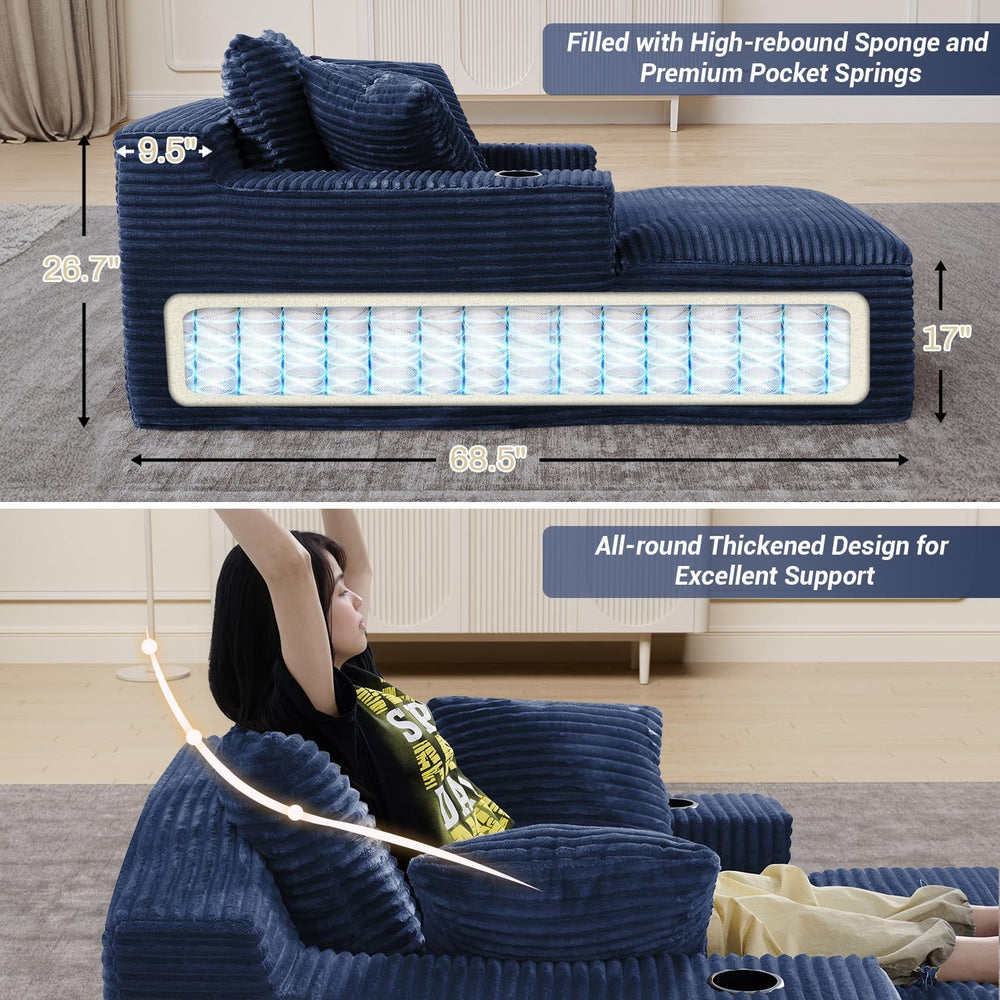 50" x 68" Corduroy Chaise Lounge, Cup Holders, Blue