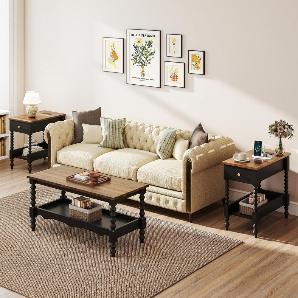 YOSHOOT Farmhouse End Table with Charging Station, Narrow Side Table