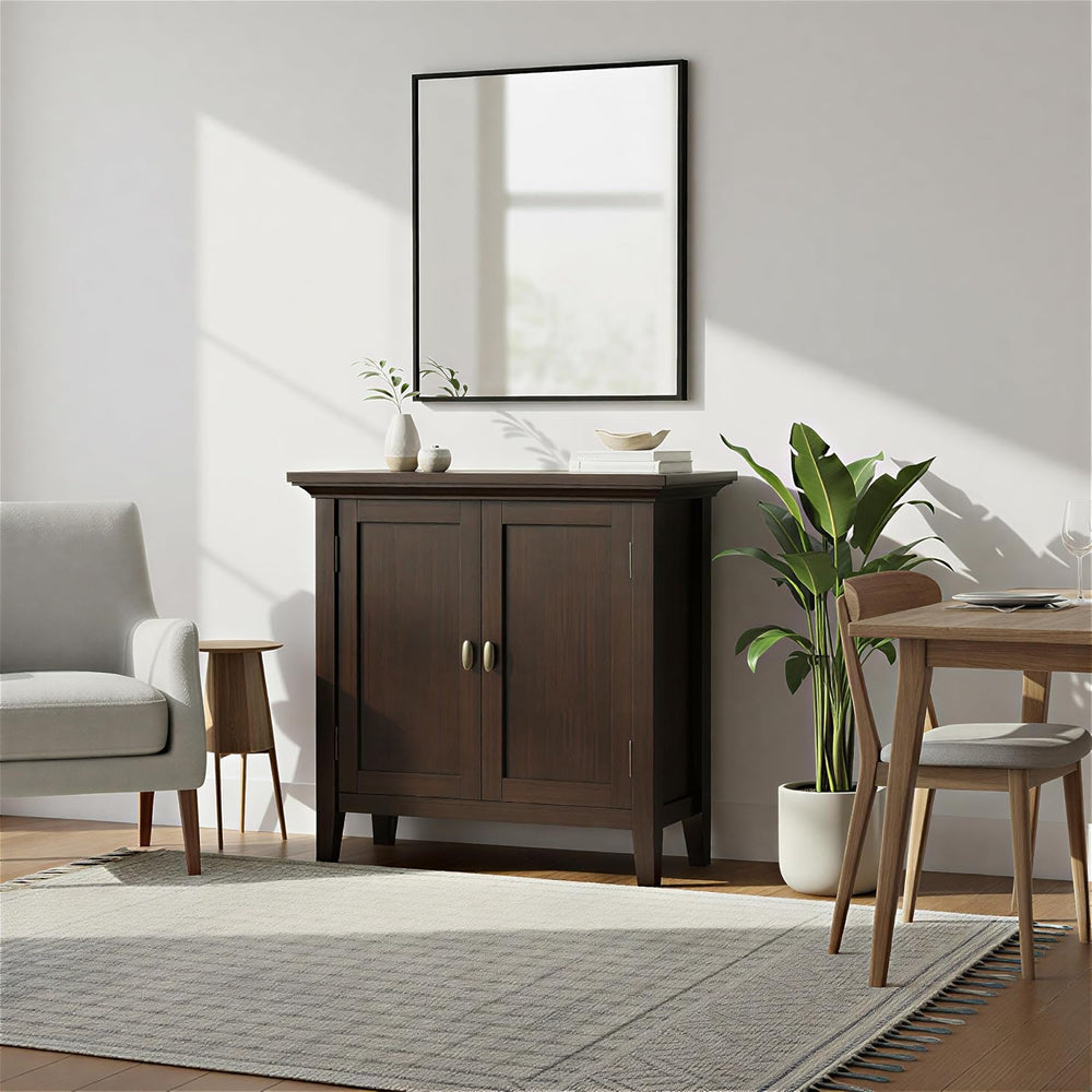 SIMPLIHOME Redmond 32" Wide Solid Wood Cabinet in Brunette Brown