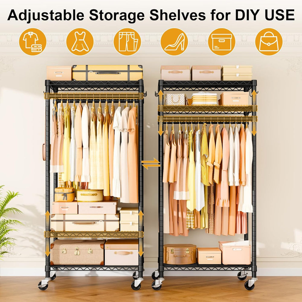ULIFHOME Clothes Rack, Rolling Clothing Racks for Hanging Clothes, Black