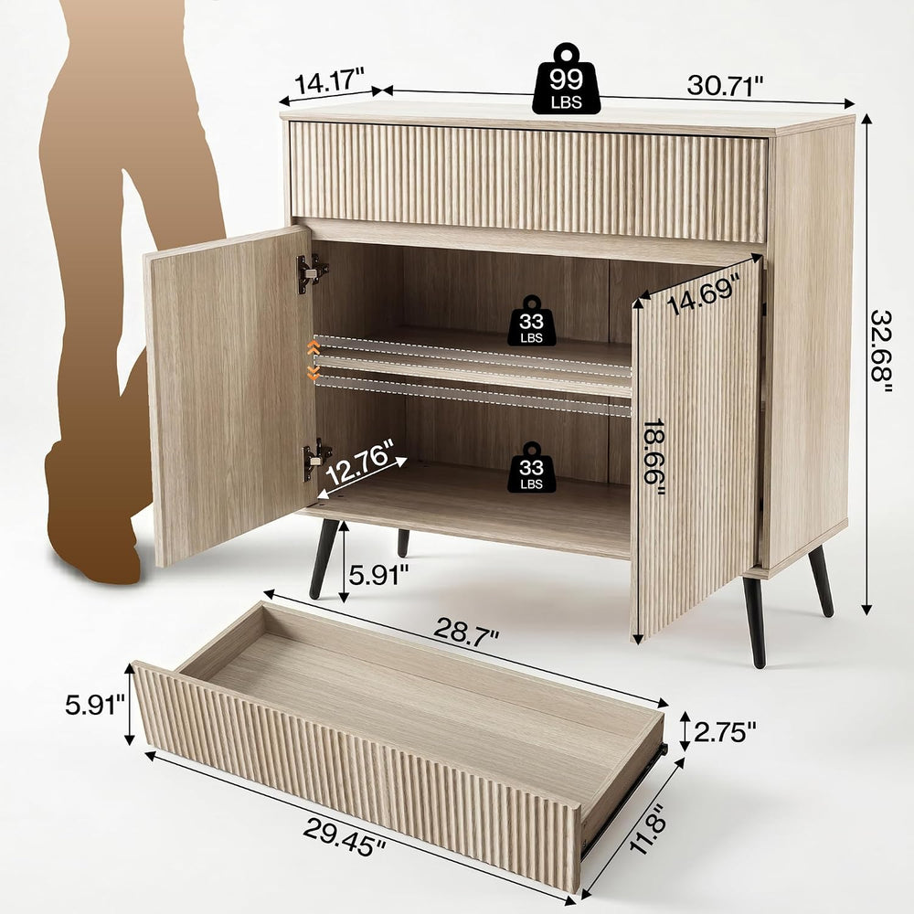 31" Small Fluted Sideboard Buffet Cabinet, Light Oak.