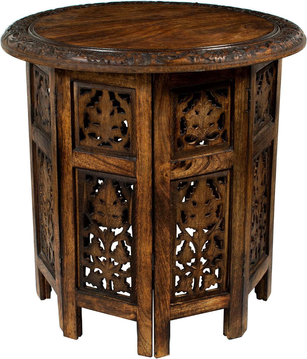 COTTON CRAFT Solid Wood End Table - Hand Carved Folding Accent Side Table