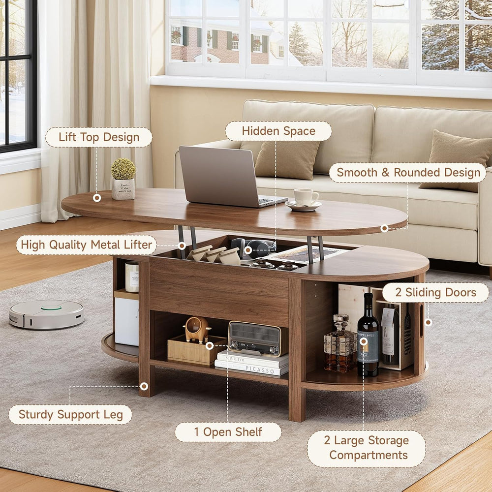 ONBRILL 43.3" Oval Lift Top Fluted Coffee Table with Sliding Door, Walnut