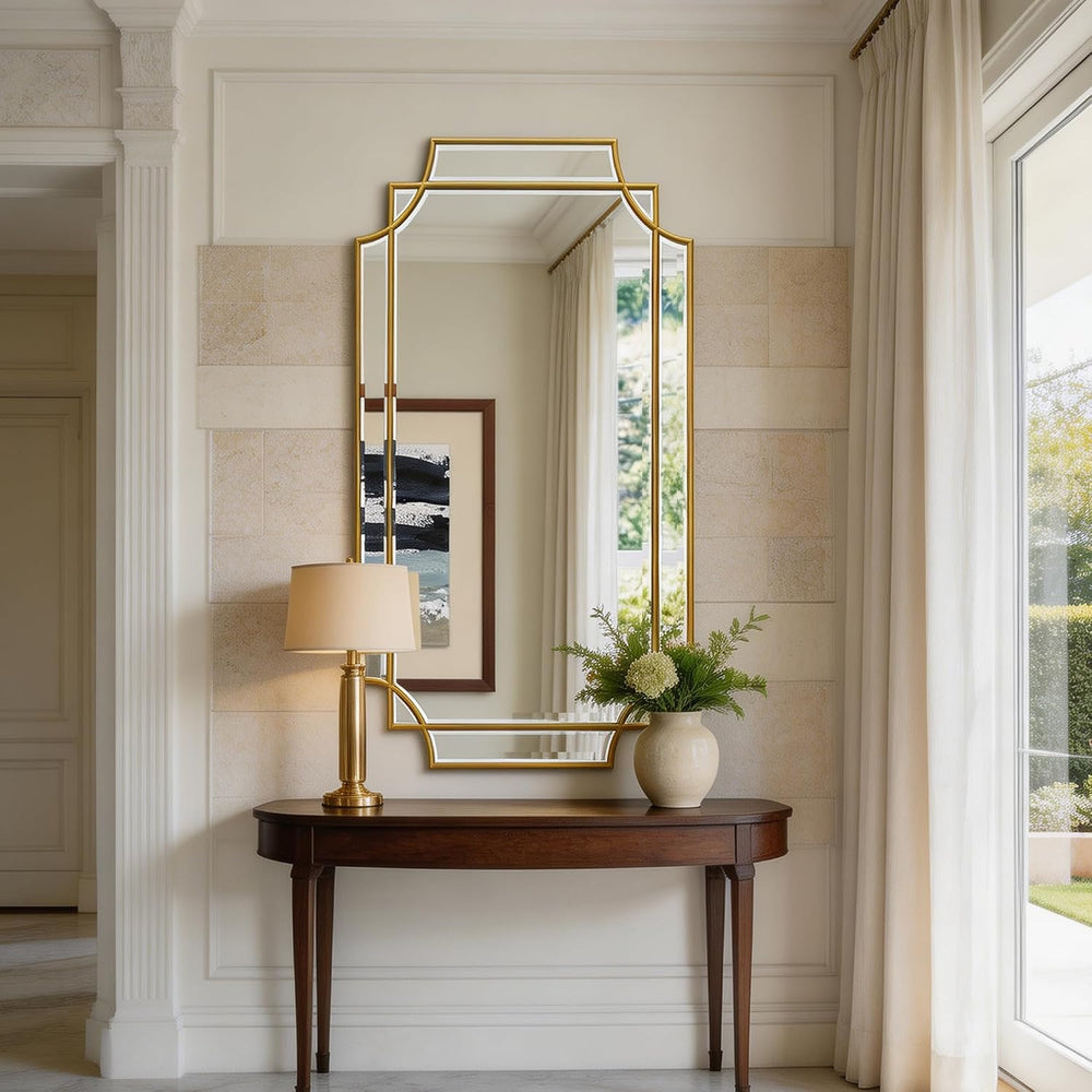 47"x24" Large Gold Rectangle Beveled Mirror with Geometric Frame