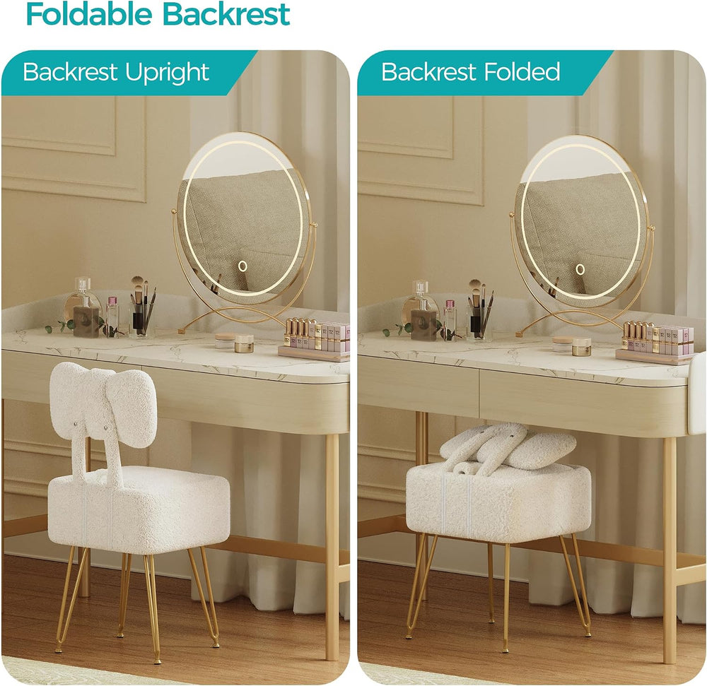 Small Vanity Stool Chair with Storage and Foldable Back, White