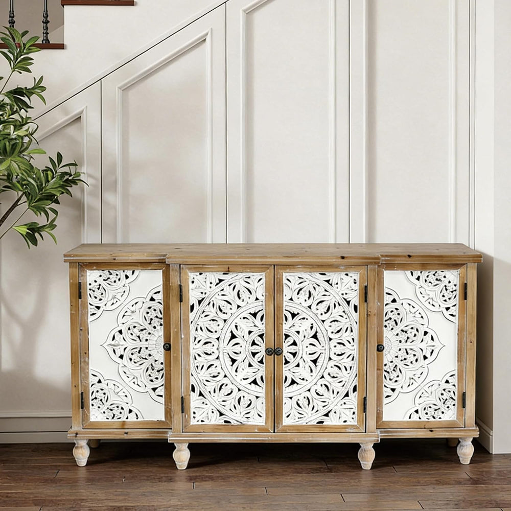 LKTART 63" Solid Wood Sideboard Buffet Cabinet with Storage,Carved Credenza
