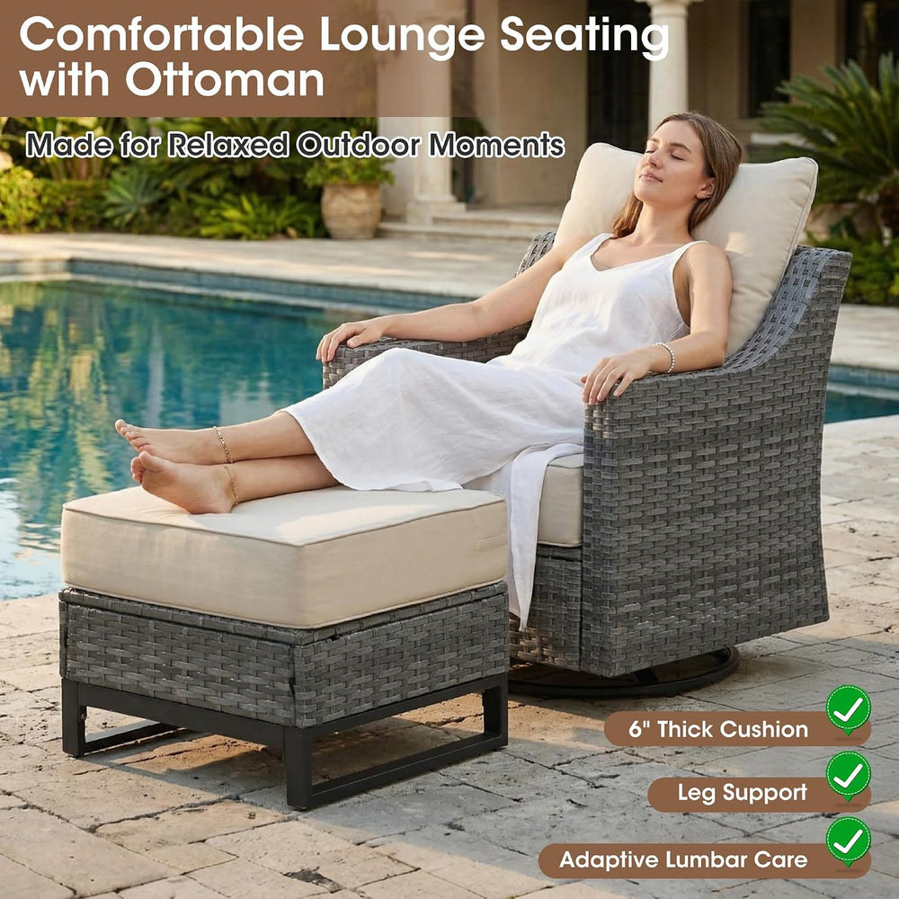 5 Piece Patio Furniture Set, Grey Wicker Outdoor Conversation Set with 2 Swiv...