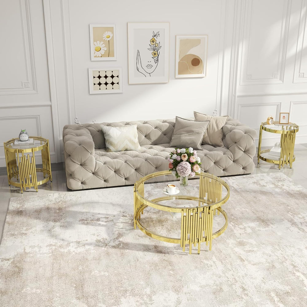 Round Glass Coffee Table Set of 3, Gold and Clear Modern Living Room Table Se...