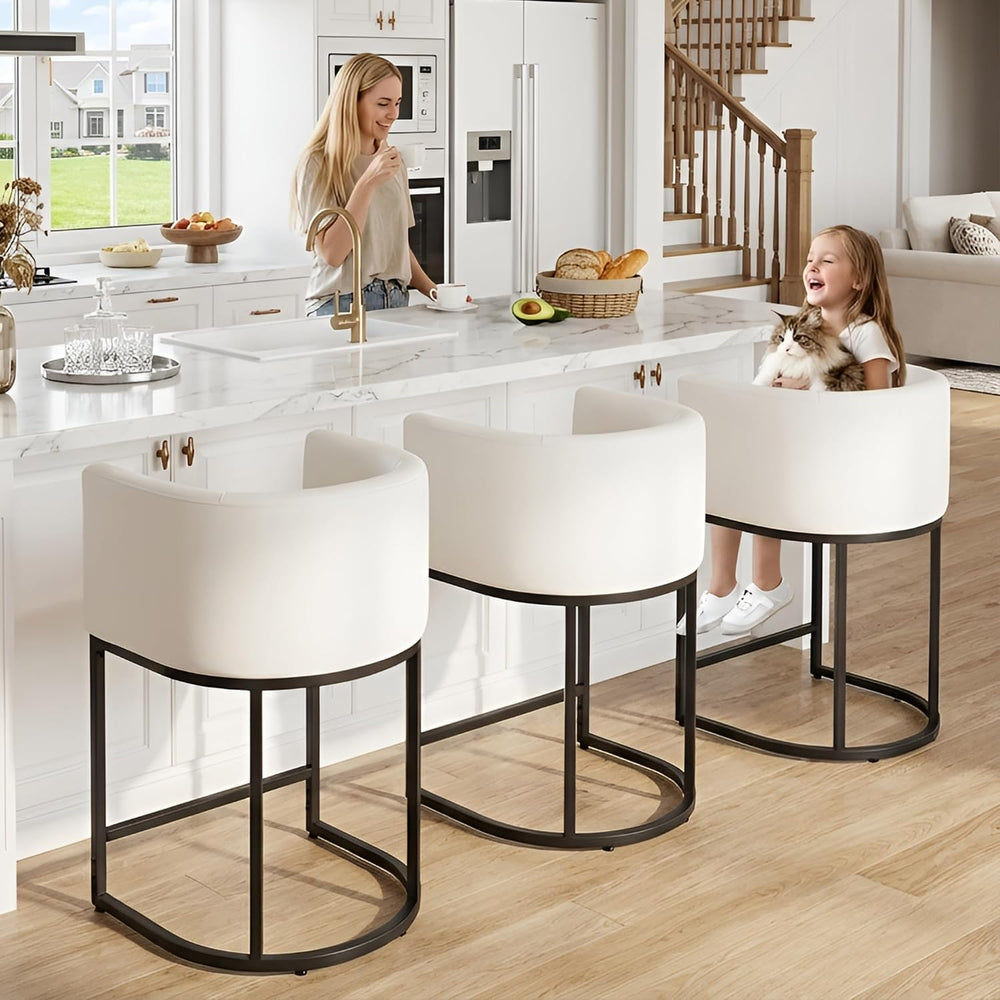 HNY White Modern Barrel Counter Height Bar Stool, 24 Inch PU Leather Kitchen ...
