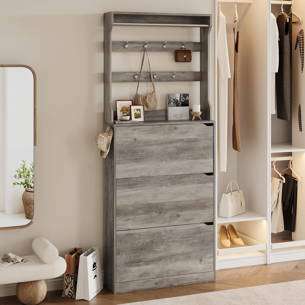 Wodeer Tall Shoe Cabinet with Coat Rack, Hidden Shoe Storage Cabinet with Doo...