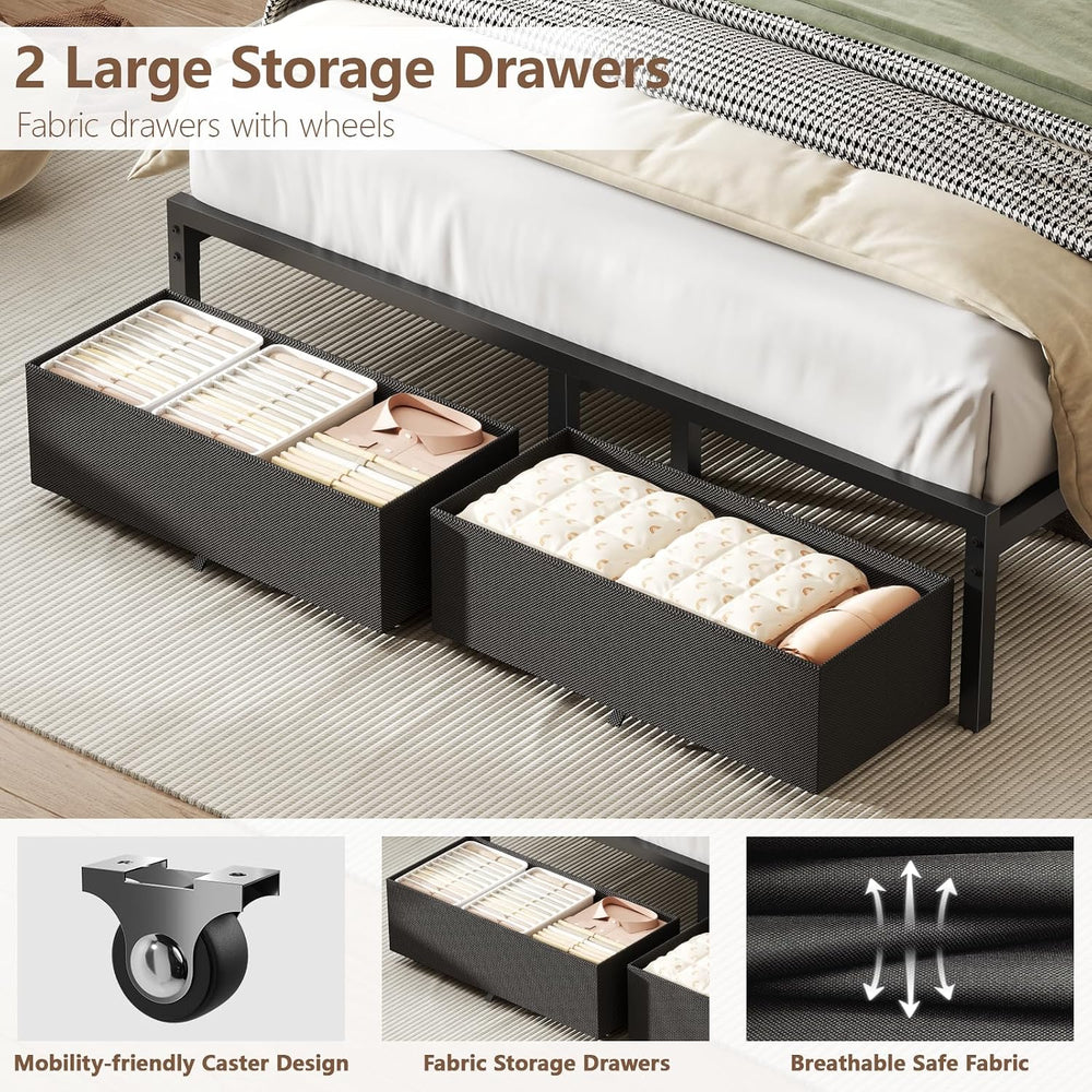 Furnulem Full Size Bed Frame with Upholstered Headboard & 2 Storage Drawers