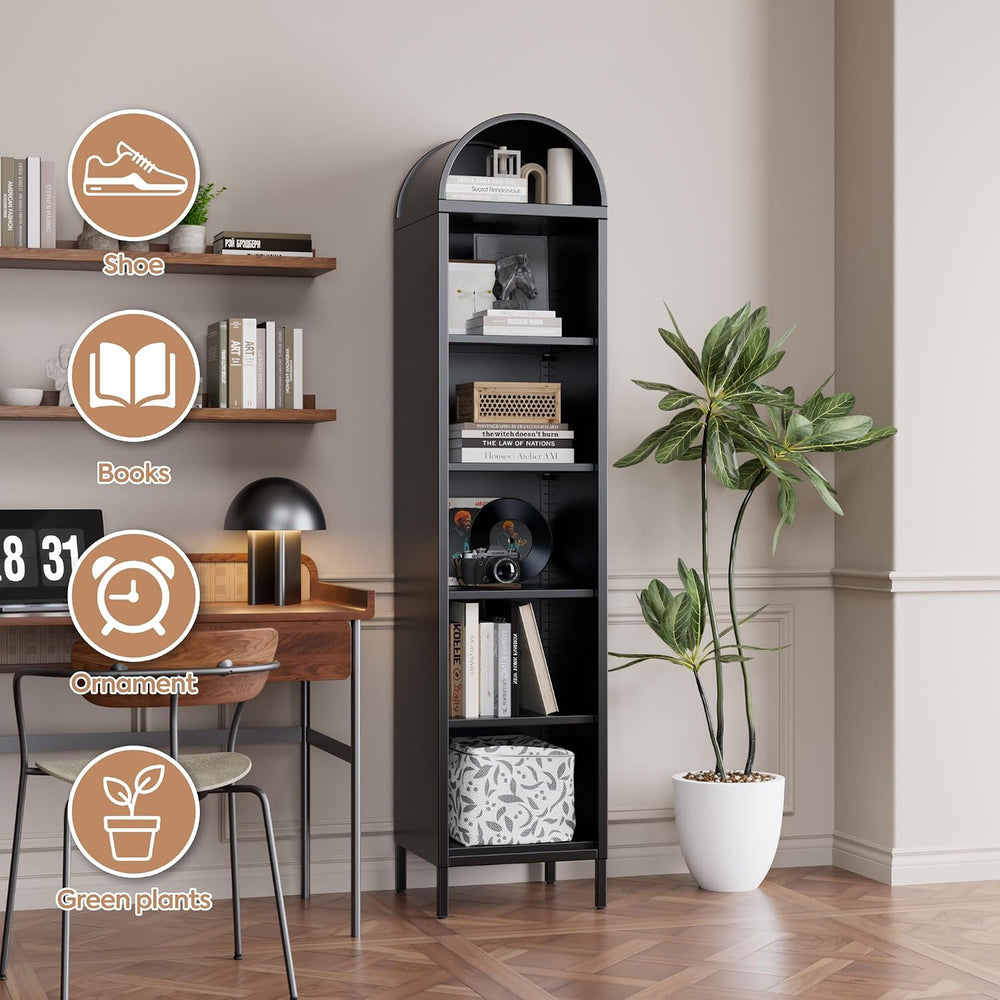 Aobabo 73-Inch Metal Arched Bookcase, Narrow Black Bookshelf
