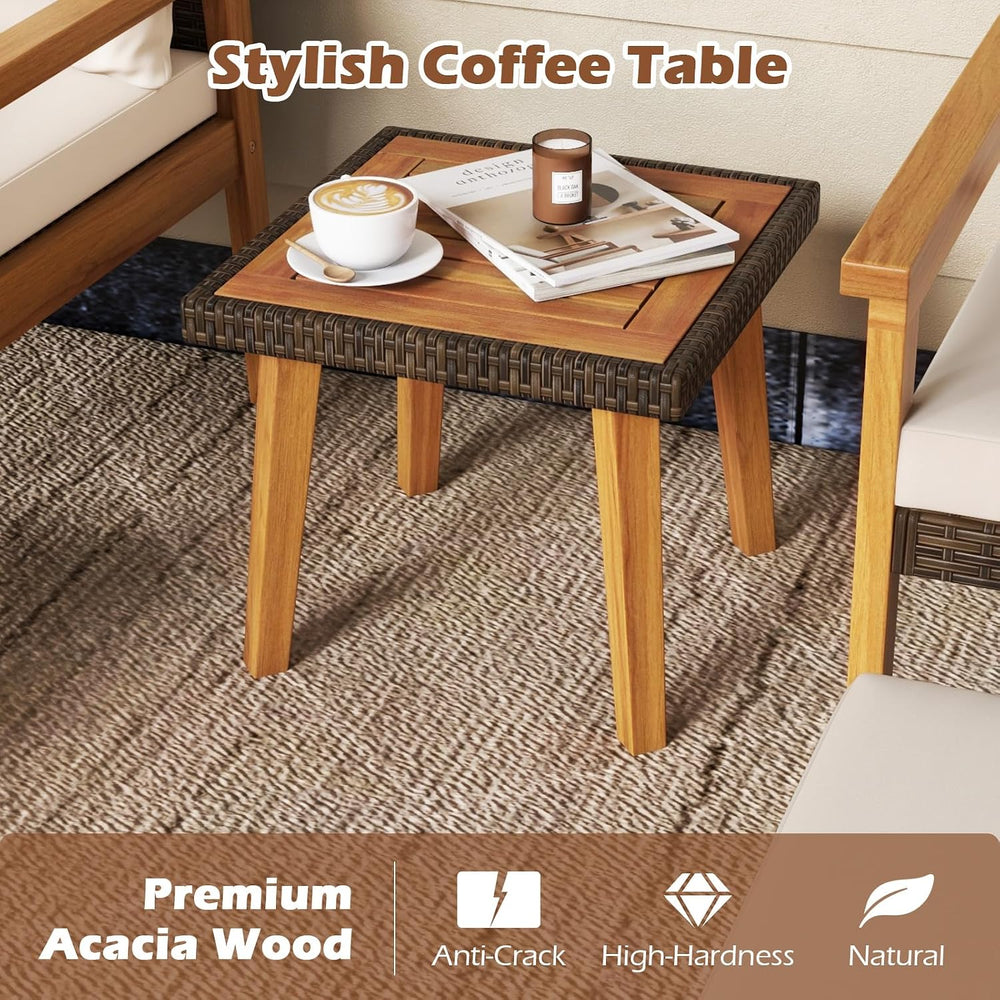 Tangkula 5 Piece Rattan Furniture Set, Wood Frame Chairs & Ottomans w/Squ...