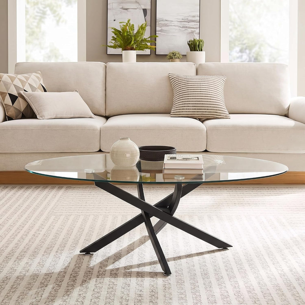 Henf Oval Glass Coffee Table, 39.4'' Transparent Top, Black Metal Legs