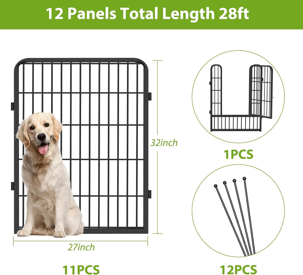 Decorative No Dig Fence Panels Metal Garden Fence with Gate, 28ft(L) x 32in(H...