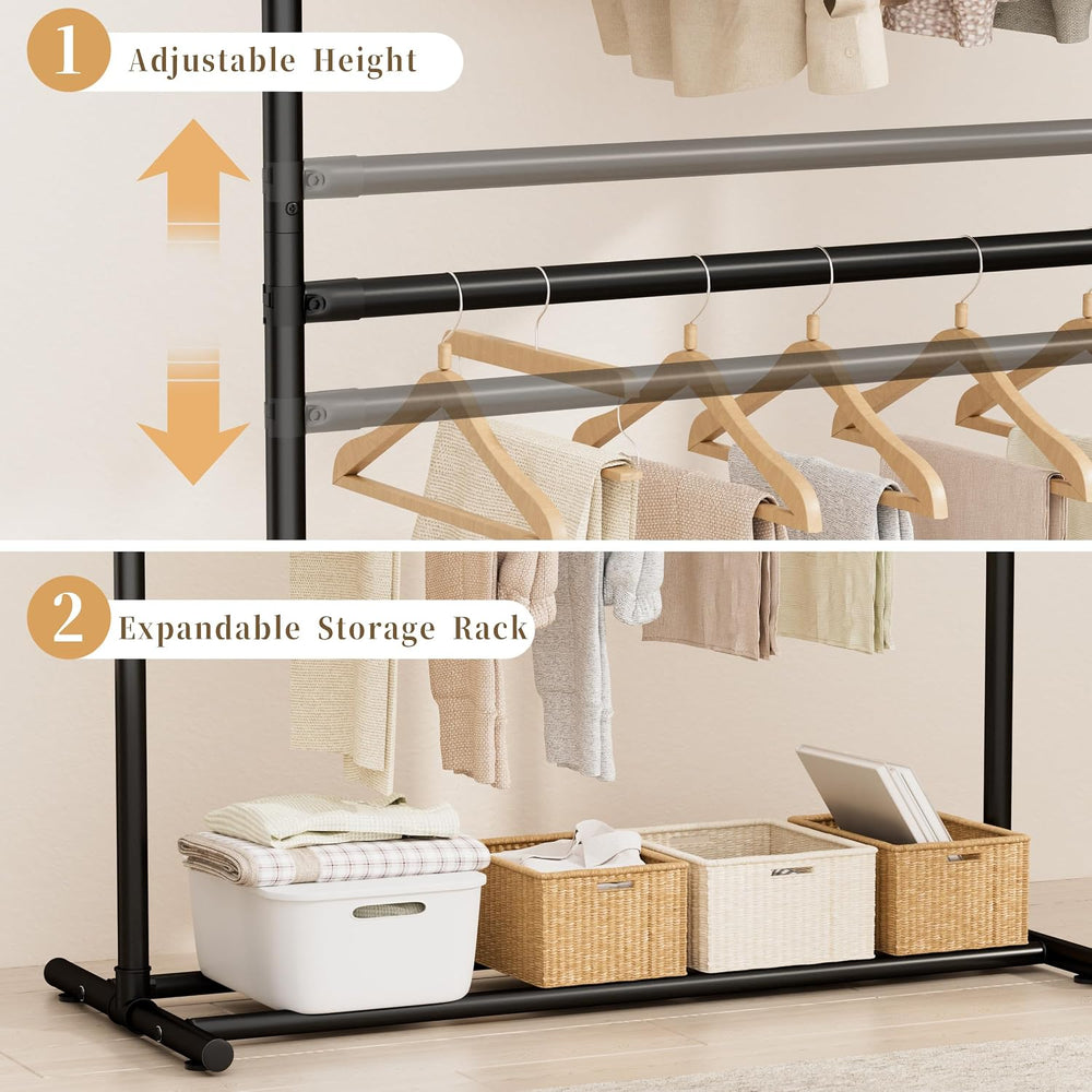 Freestanding Clothing Rack, Metal Hanging Rails, Black, 39x18x67 In