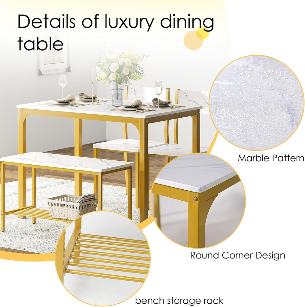 soges Kitchen Table Set for 4, Nesting Table with 2 Chairs & Bench, Marble