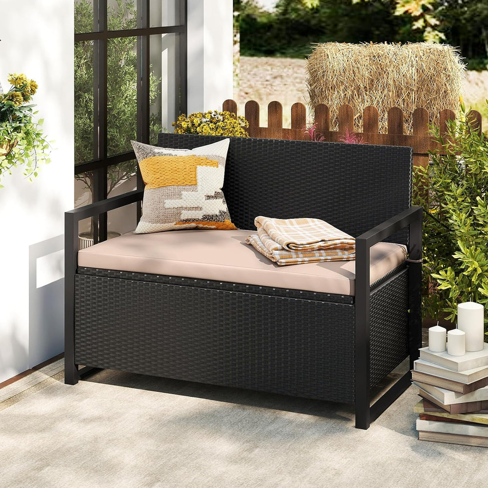 Tangkula 40 Gallon Rattan Outdoor Bench with Storage & Cushions