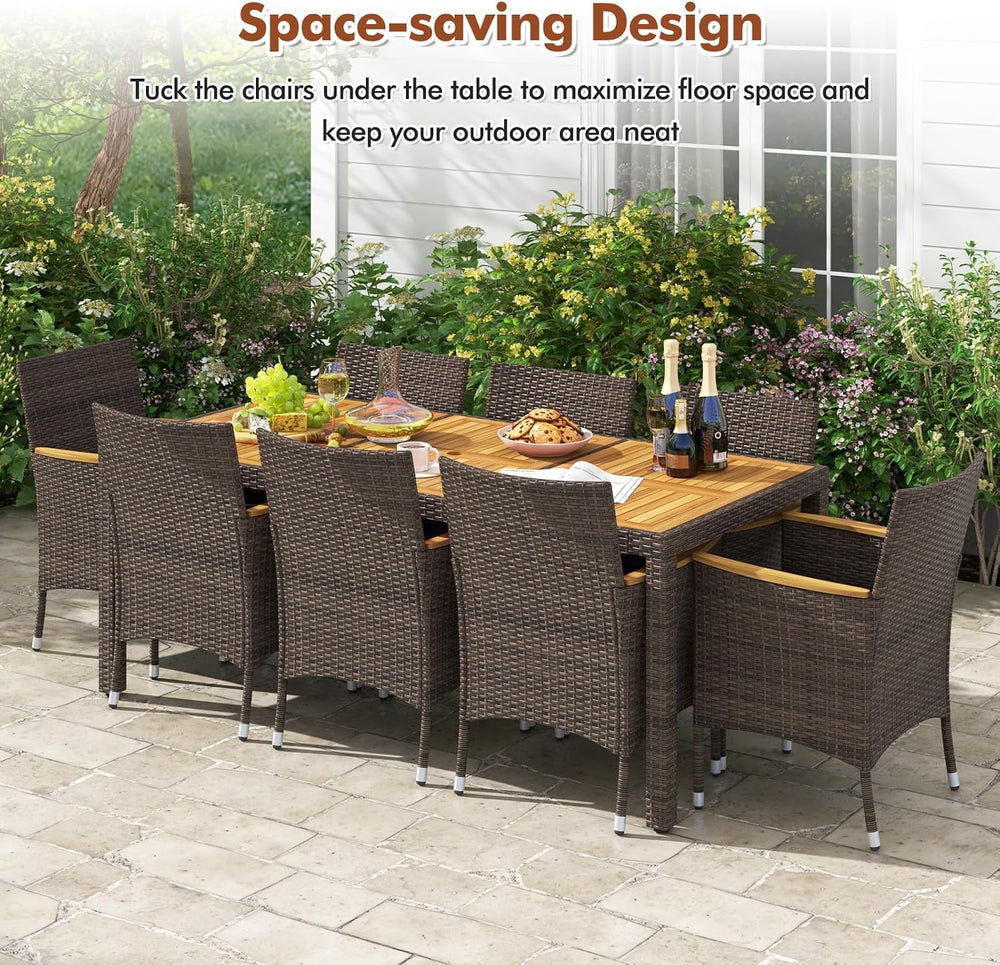HAPPYGRILL 9 Pieces Acacia Wood Patio Dining Set for 8 People, Outdoor Rattan...
