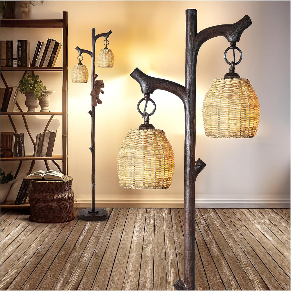 Scenekoy 68" Tall Floor Lamp with Wicker Drum Shade, Foot Switch Dimming