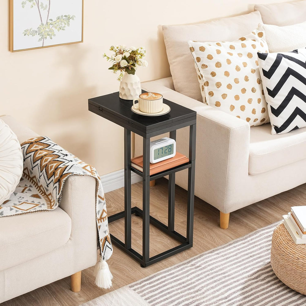 HOOBRO Foldable C Shaped End Table, C Shaped Side Table with Storage Shelf