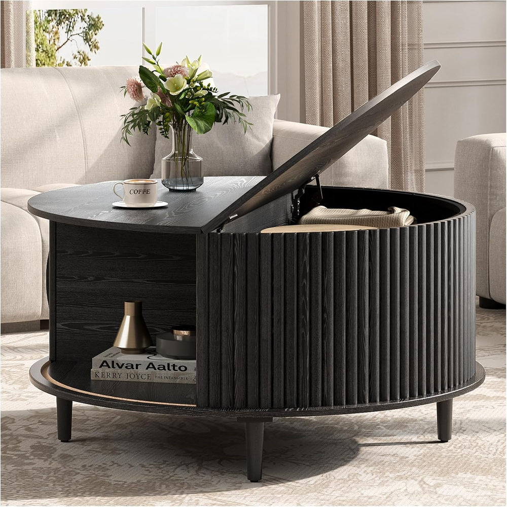 JOINICE 31.5" Round Coffee Table with Storage for Living Room, Black