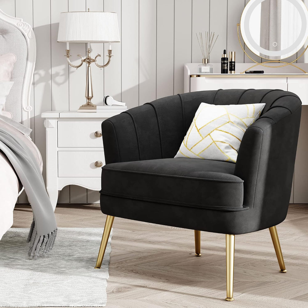 Andeworld Velvet Accent Chair, Barrel Armchair, Black