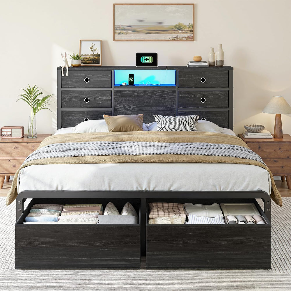 Homkdom Queen Size Bed Frame with 8 Drawers and Charging Station,Black