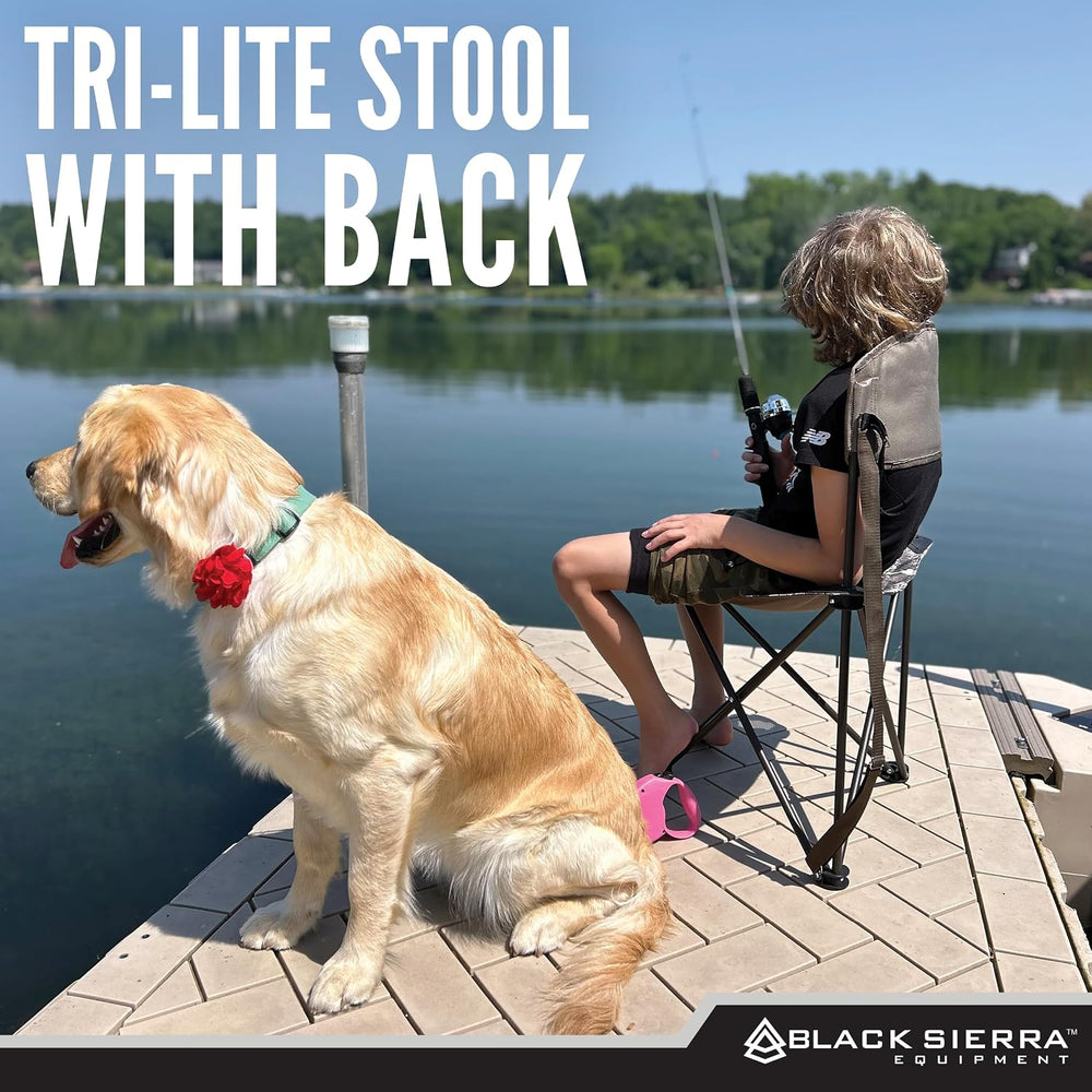 Black Sierra Folding Hunting Stool w Backrest & Cup Holder, 225 lb Capacity