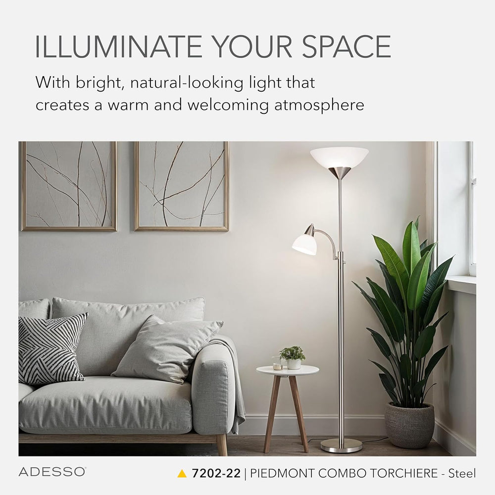 Adesso Floor Lamp, Brushed Steel, Dual-Socket, Adjustable Reading Light 71”