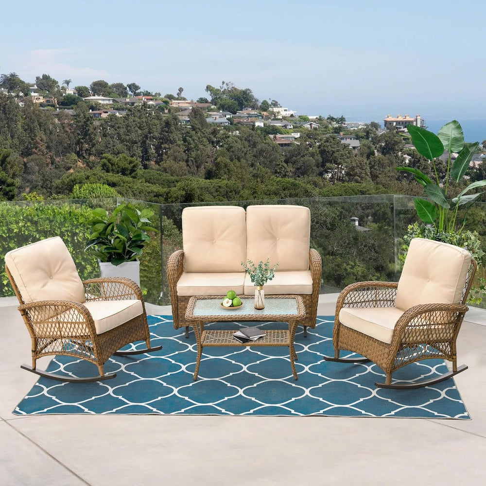 VIVIJASON 4-Piece Outdoor Patio Wicker Conversation Sets, All Weather Outdoor...