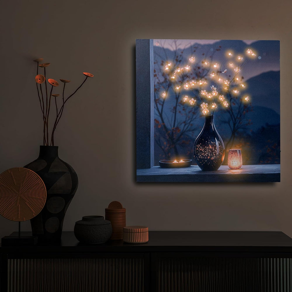 LED Cherry Blossom Vase Canvas Wall Art, Light Up Floral Picture with Black V...